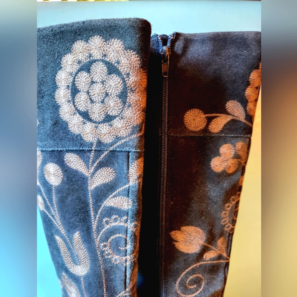 SAM EDELMAN Victorian Embroidery Suede Leather Zip BOW Ties Knee Boots 8.5 EUC - Picture 5 of 16